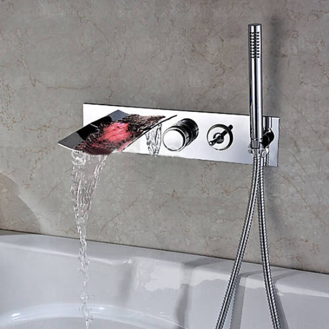 Modern Wall Mount with Pullout Hand Shower Bathtub LED Waterfall Faucet