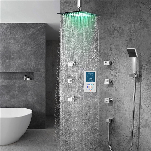 The Trialo Solid Brass Color Changing LED Rain Shower Head with 3 Way Digital Mixer and 360° Adjustable Body Jets