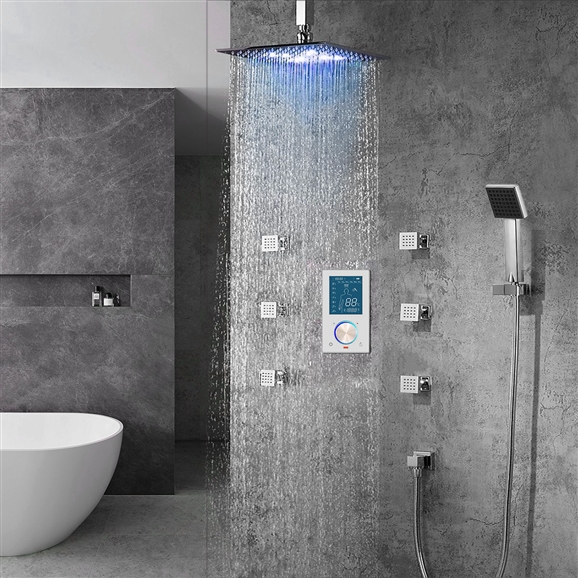 Trialo Solid Brass Color Changing Water Powered Led Shower with Adjustable Body Jets and Mixer