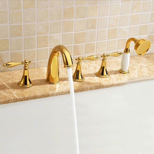Monaco Luxury Polished Gold Solid Brass Bathtub Faucet Set W/ Ceramics Hand Shower Sprayer