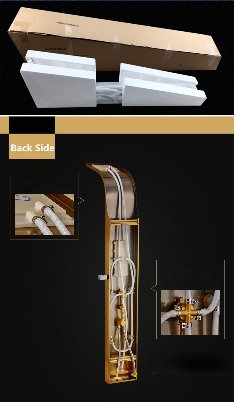 Gold Stainless Steel Rainfall Shower Panel Rain Massage System Thermalstatic Faucet with Jets & Hand Shower