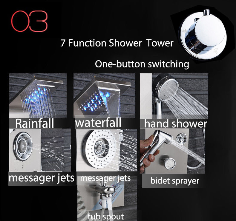 Rome 5 Function Super Luxury Shower Panel Stainless Steel Body Massage LED Rainfall Waterfall Shower Panel