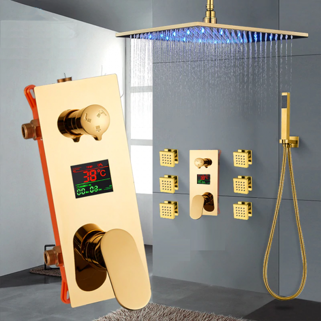 New Gold Finish LED Rain Shower Head With 6 Body Massage Shower Jets & Hand Shower