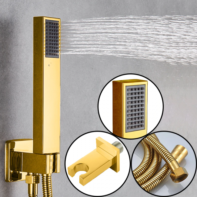 New Gold Finish LED Rain Shower Head With 6 Body Massage Shower Jets & Hand Shower