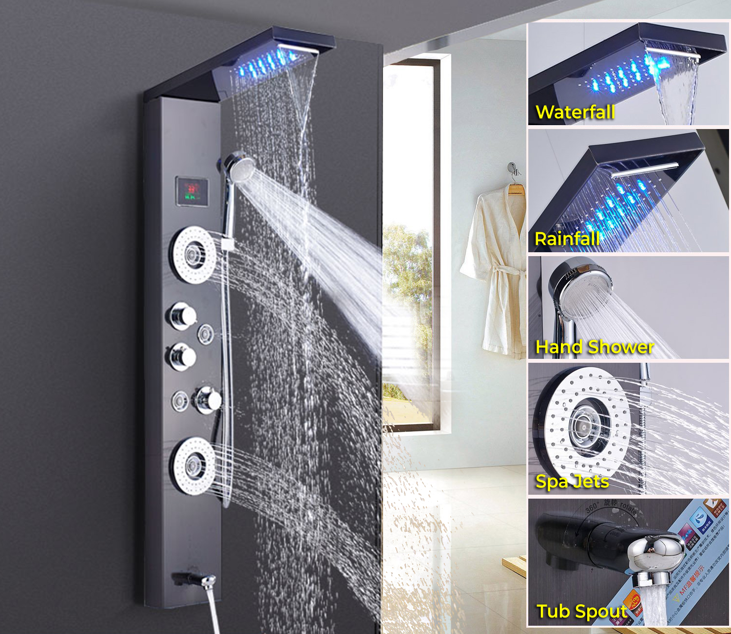 Juno LED Temperature Display Bathroom Shower Panel with Hand Shower