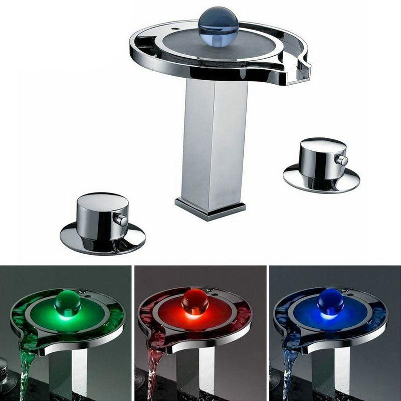 Juno Bathroom Sink Faucet Round LED Waterfall with Brass Chrome Finish