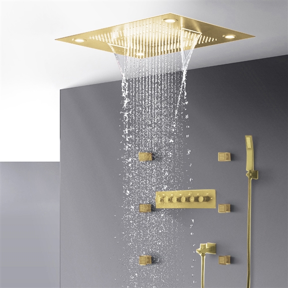 BathSelect Brushed Gold Romantic Environment LED Shower Head With Stress-Free Body Jet & Hand Held Shower