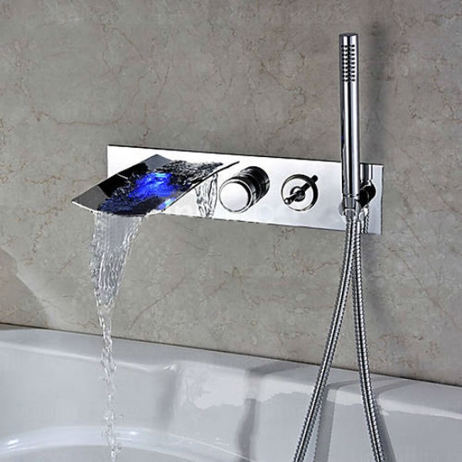 Modern Wall Mount with Pullout Hand Shower Bathtub LED Waterfall Faucet
