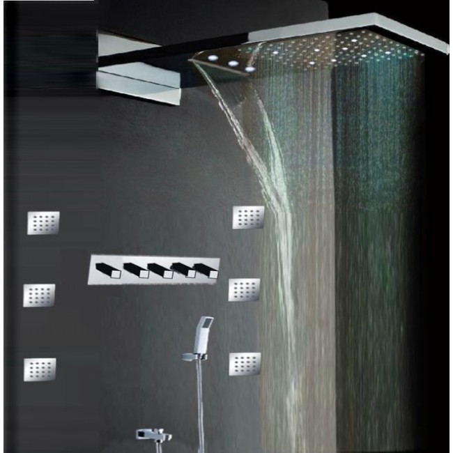  22″ Wall Mount Waterfall Rainfall LED Shower Head with Jetted Body Massage Showers