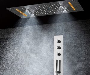 Platinum Shower Set with 5 Functions Thermostatic Mixer with 700×380 LED Ceiling Shower Head 4 Function Rain Waterfall.Spray Mist and Curtain
