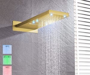 Reno Led Color Changing Gold Plate Two Ways Soild Brass Wall Mount Shower Head