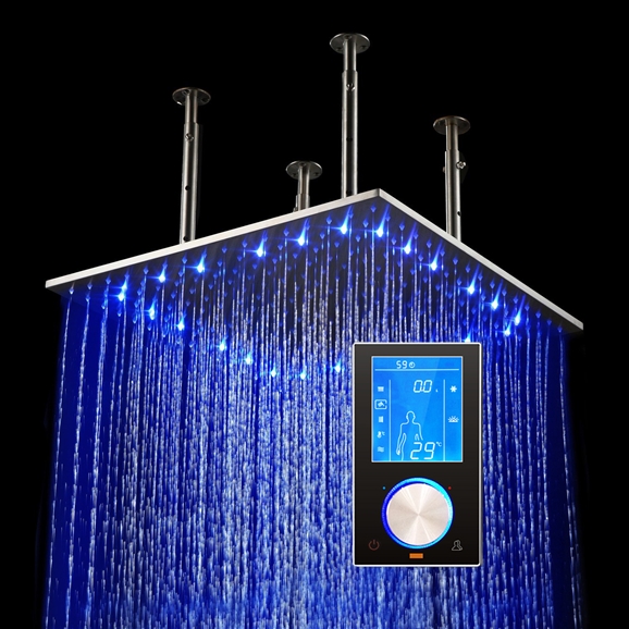  24″ Multi Color Water Powered Led Ceiling Mount Shower Head with Digital Mixer