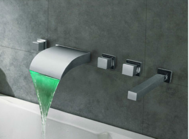  5 Hole Triple Handle Wall Mount Bathtub Faucet Color Changing LED Lights Chrome Finish Brass Body
