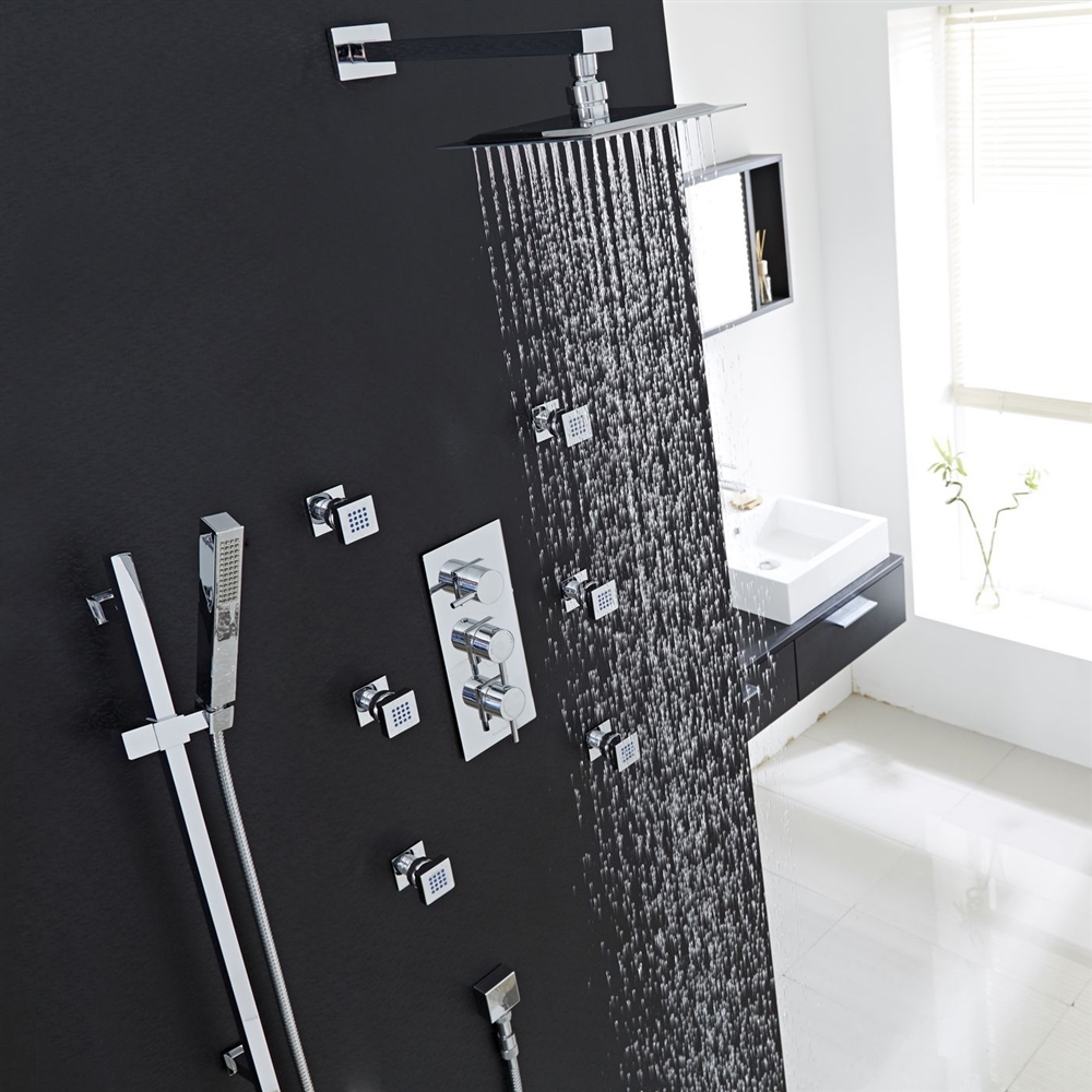 Royal Chrome Square Rain Shower Head System With 6 body massage shower jets, All in One Installation Manuals