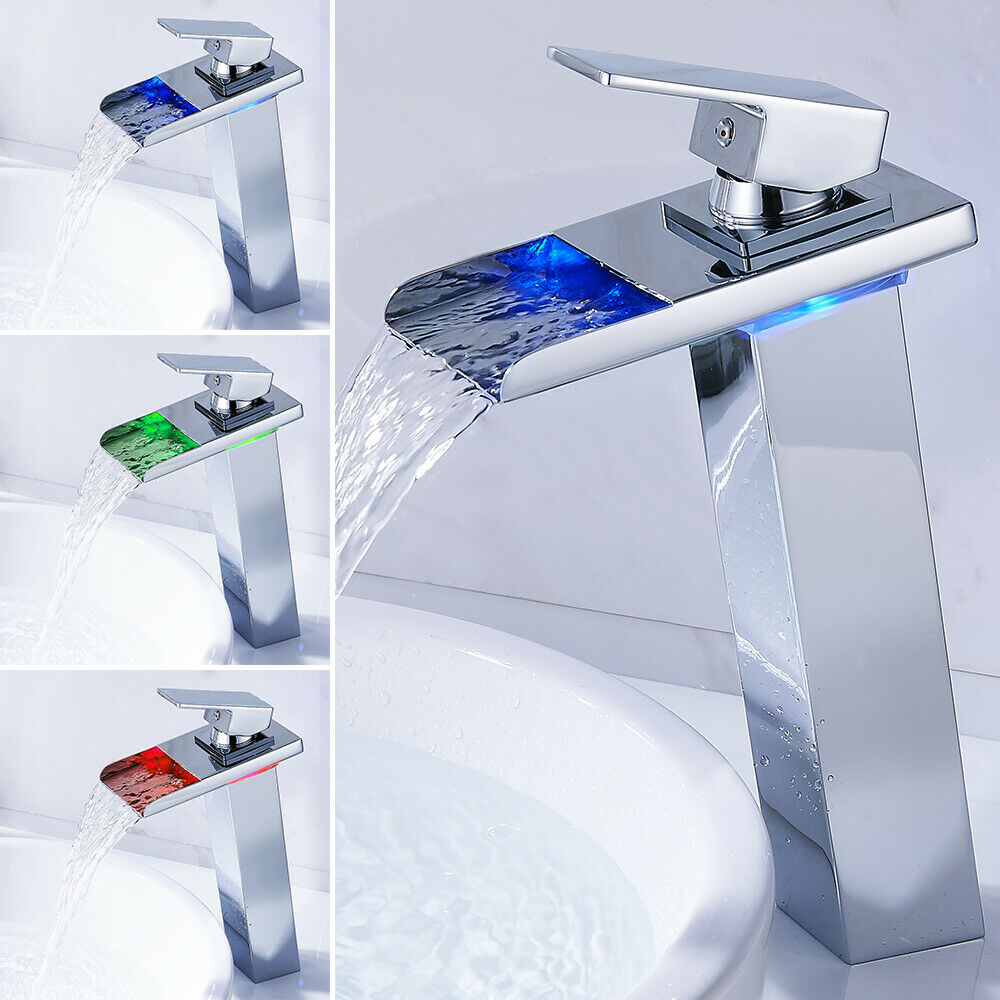  46CM Chrome Finish Brass Body Waterfall LED Bathroom Sink Faucet