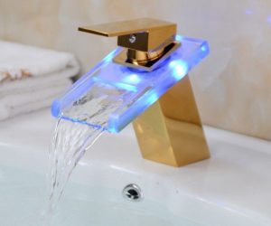 Color Changing LED Waterfall Gold Finish Bathroom Sink Faucet with Glass Spout