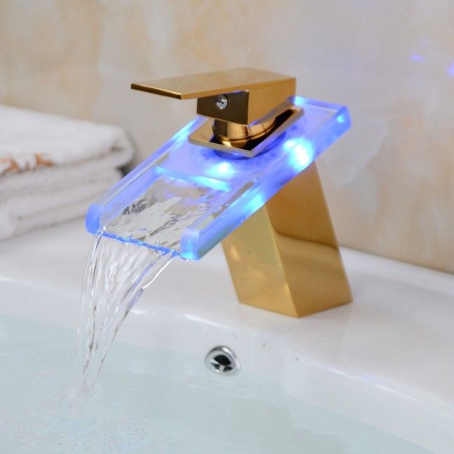 Color Changing LED Waterfall Gold Finish Bathroom Sink Faucet with Glass Spout
