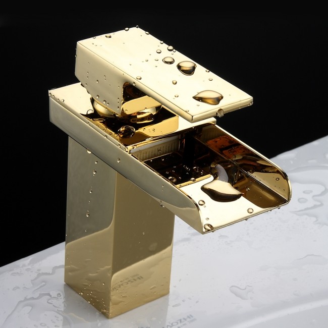 Single Handle Deck Mount Waterfall Gold Bathroom Sink Faucet, All in One Installation Manuals