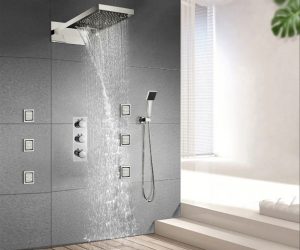 Waterfall and Rainfall Shower Faucet with Thermostatic Mixer Valve