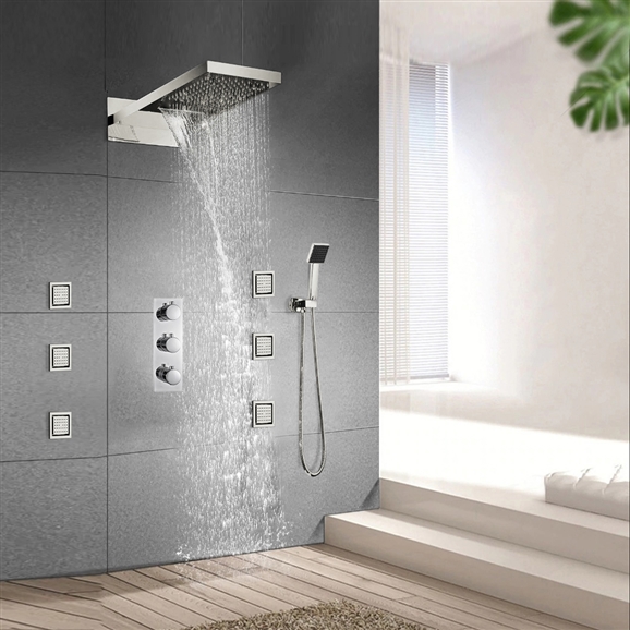 Waterfall and Rainfall Shower Faucet with Thermostatic Mixer Valve