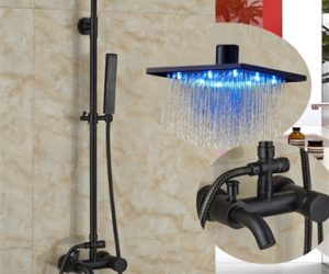 Renalto Single Handle LED Square Shower Head Wall Mount Shower Set Oil Rubbed Bronze W/ Hand Shower