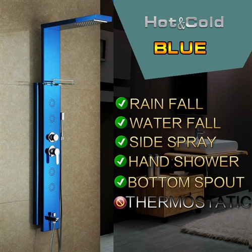 Blue Stainless Steel Rainfall Shower Panel Rain Massage System Thermalstatic Faucet with Jets & Hand Shower