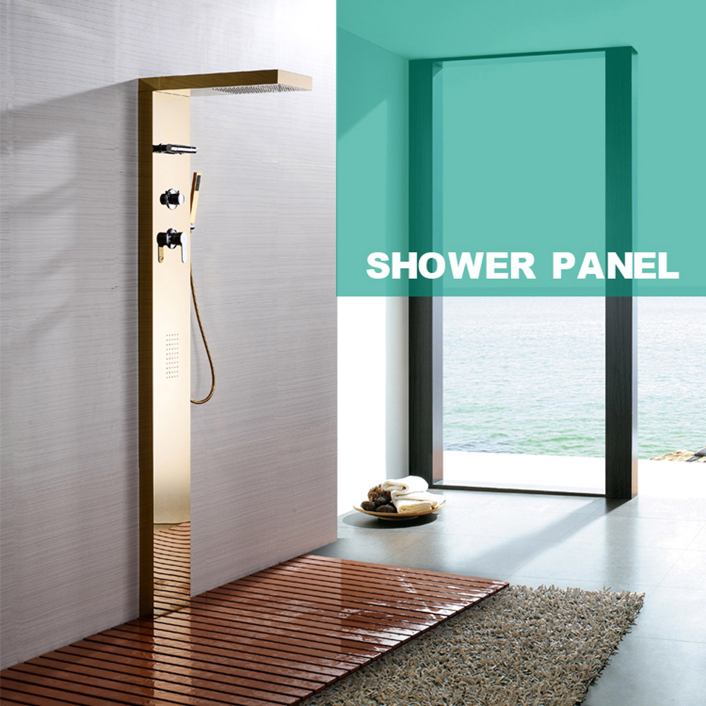 Leonardo Wall Mounted Shower Panel Set Rainfall Waterfall Body Massage and Hand Shower 304 Stainless Steel Gold Finish