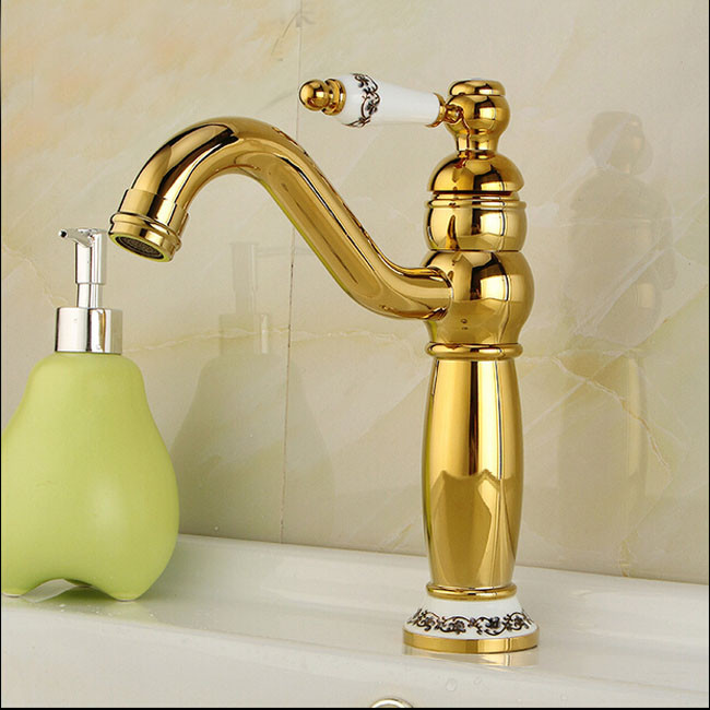 Amiens Gold & Ceramic Single Handle Deck Mounted Bathroom Sink Faucet