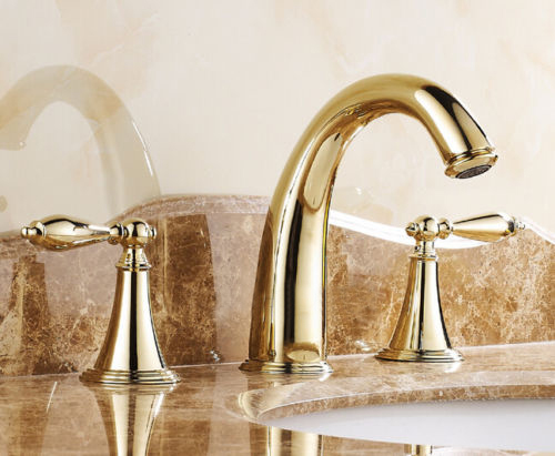 Gold Finish Widespread 3 Holes Basin Mixer Tap Double Knobs Bath Sink Faucet
