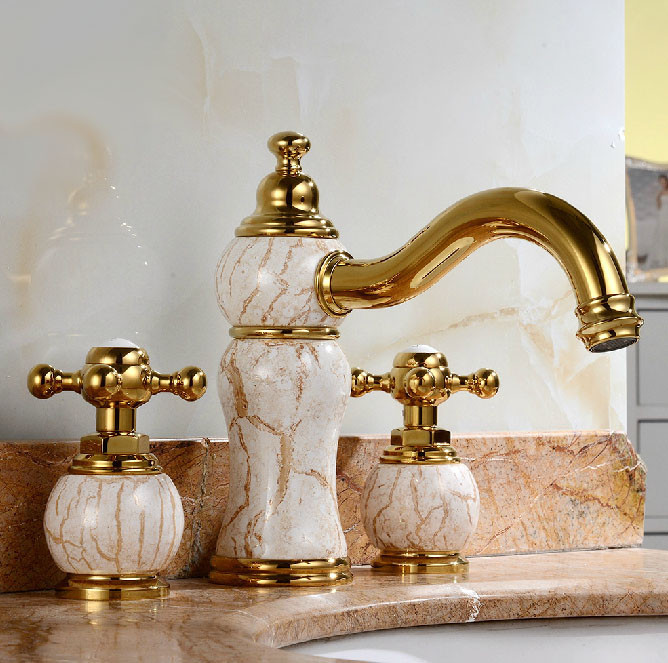 Luxury Natural Jade Gold Finish Basin Faucet Dual Handles Mixer Tap Centerset