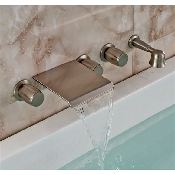 Wall Mount Brushed Nickel Waterfall Tub Mixer Tap With Brass Handheld Shower
