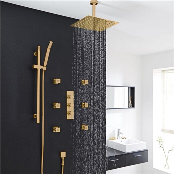 Gold Square Ceiling Shower Head Set with 6 Shower Body Jets