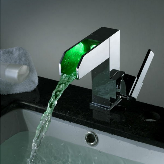  16CM Single Handle Chrome Finish Waterfall Color Changing LED Bathroom Sink Faucet