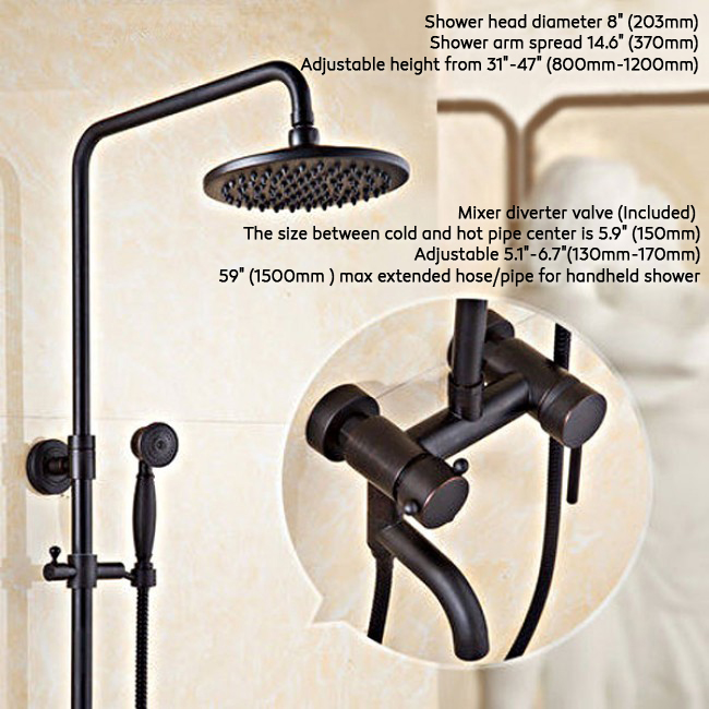 Antique Brass 8″ Wall Mounted Shower Head and Hose With Black Finish
