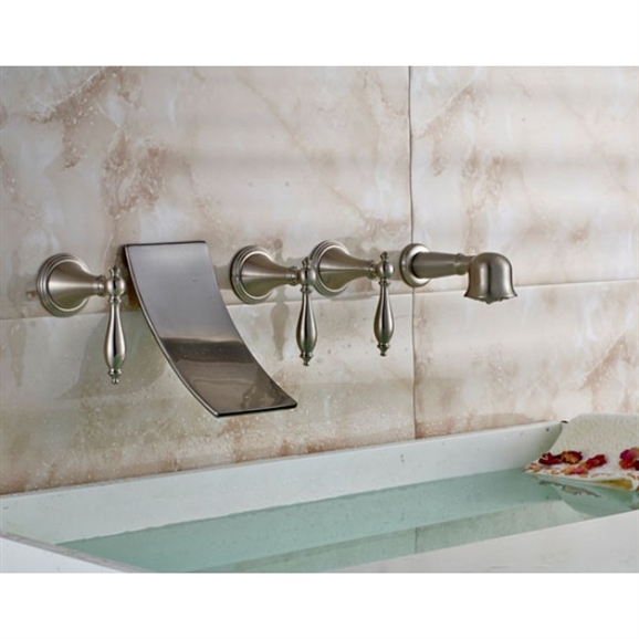 Wall Mount Waterfall Tub Faucet Brushed Nickel Finish With Triple Handle