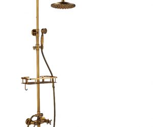 Cordoba Antique Brass Wall Mount 8 Inch Rain Shower Head With Handheld Shower and Commodity Shelf