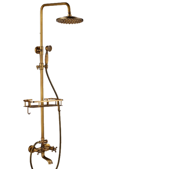 Cordoba Antique Brass Wall Mount 8 Inch Rain Shower Head With Handheld Shower and Commodity Shelf