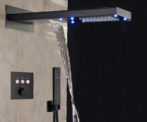 BathSelect Solid Brass Multi Color LED Rain And Waterfall Shower Head With Thermostatic Mixer Valve And Handheld Shower In Dark Oil Rubbed Finish