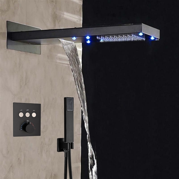 BathSelect Solid Brass Multi Color LED Rain And Waterfall Shower Head With Thermostatic Mixer Valve And Handheld Shower In Dark Oil Rubbed Finish