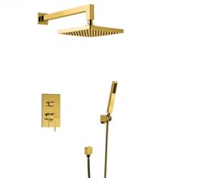 Bravat Wall Mount Gold Square Shower Head With Hand-Held Shower & Mixer