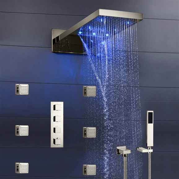 Fontana Mugla 22″ LED Thermostatic Waterfall Rain Shower Head with Massage Body Sprays and Hand Shower