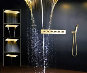 Millo Solid Brass Multi Color LED Rain And Waterfall Shower Head With Handheld Shower And Water Mixer In Gold Finish