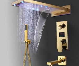 Riviera LED Rectangular Shower Head With Touch Panel Controller And Handheld Shower In Gold Finish